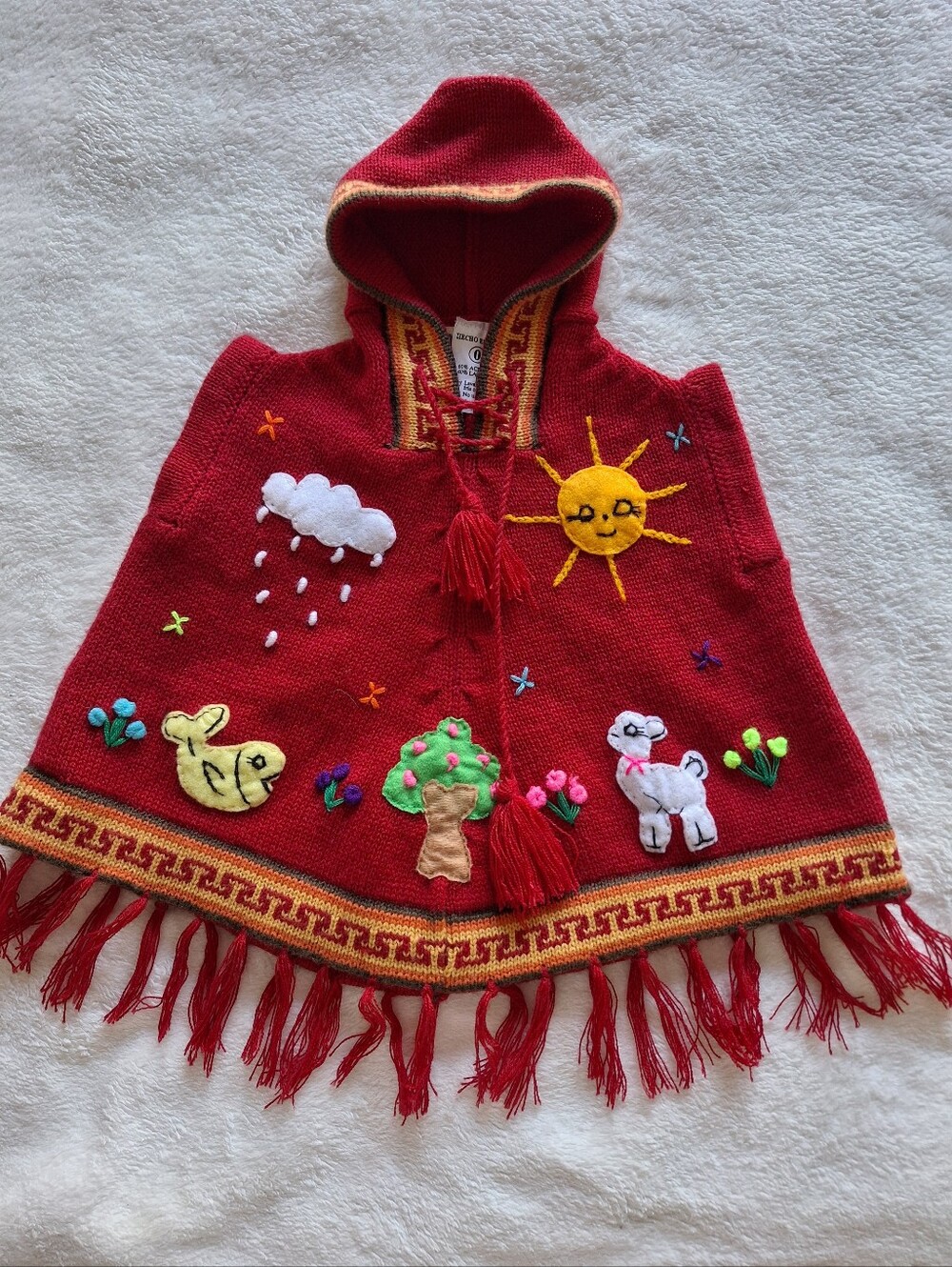 Handmade Peru Kids Hooded Poncho Sweater Red Llama Front Back 3D Infant 0 6-12M